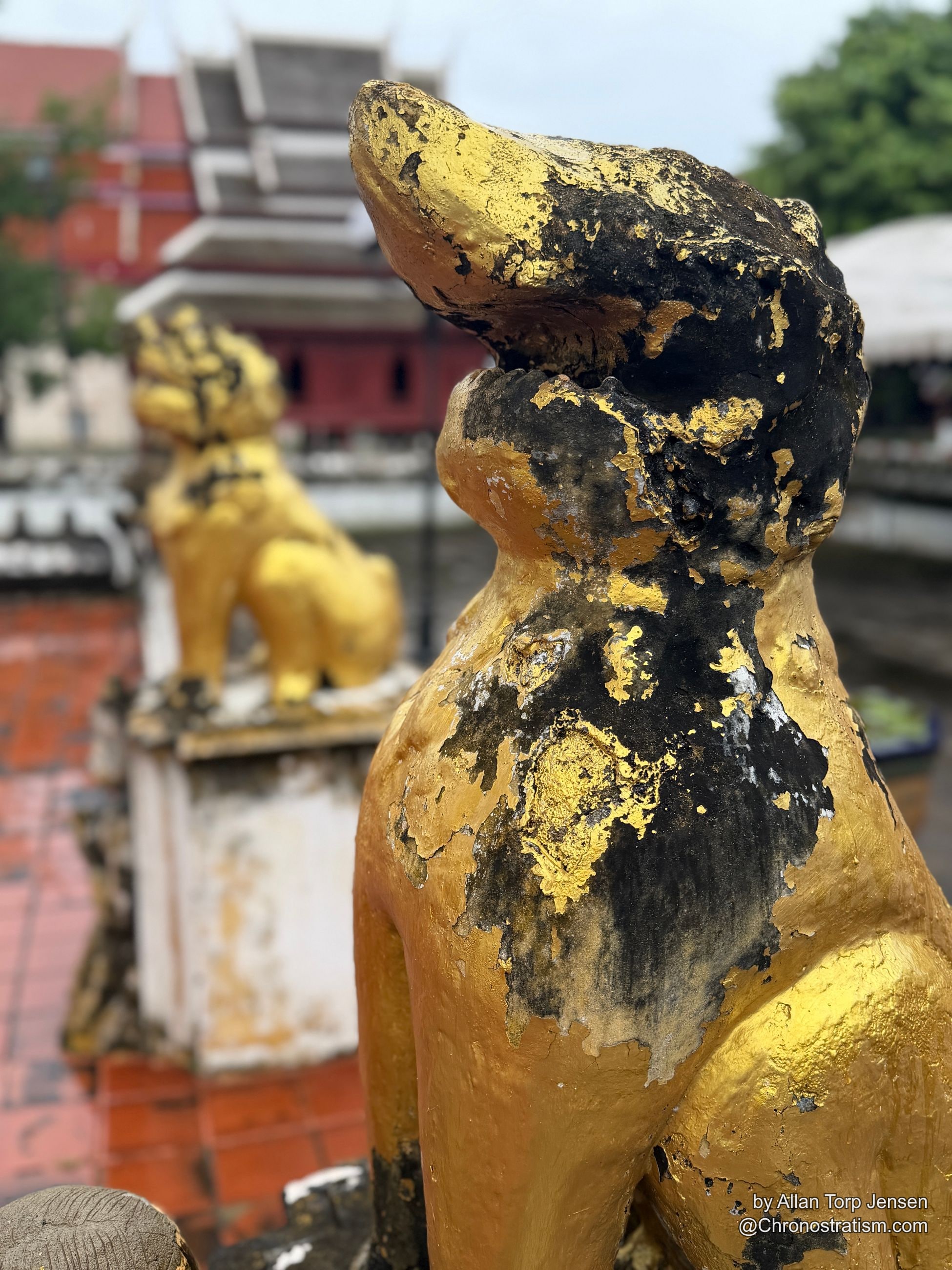 Another angle of the statue’s soot-streaked head, twin guardian blurred in the background.