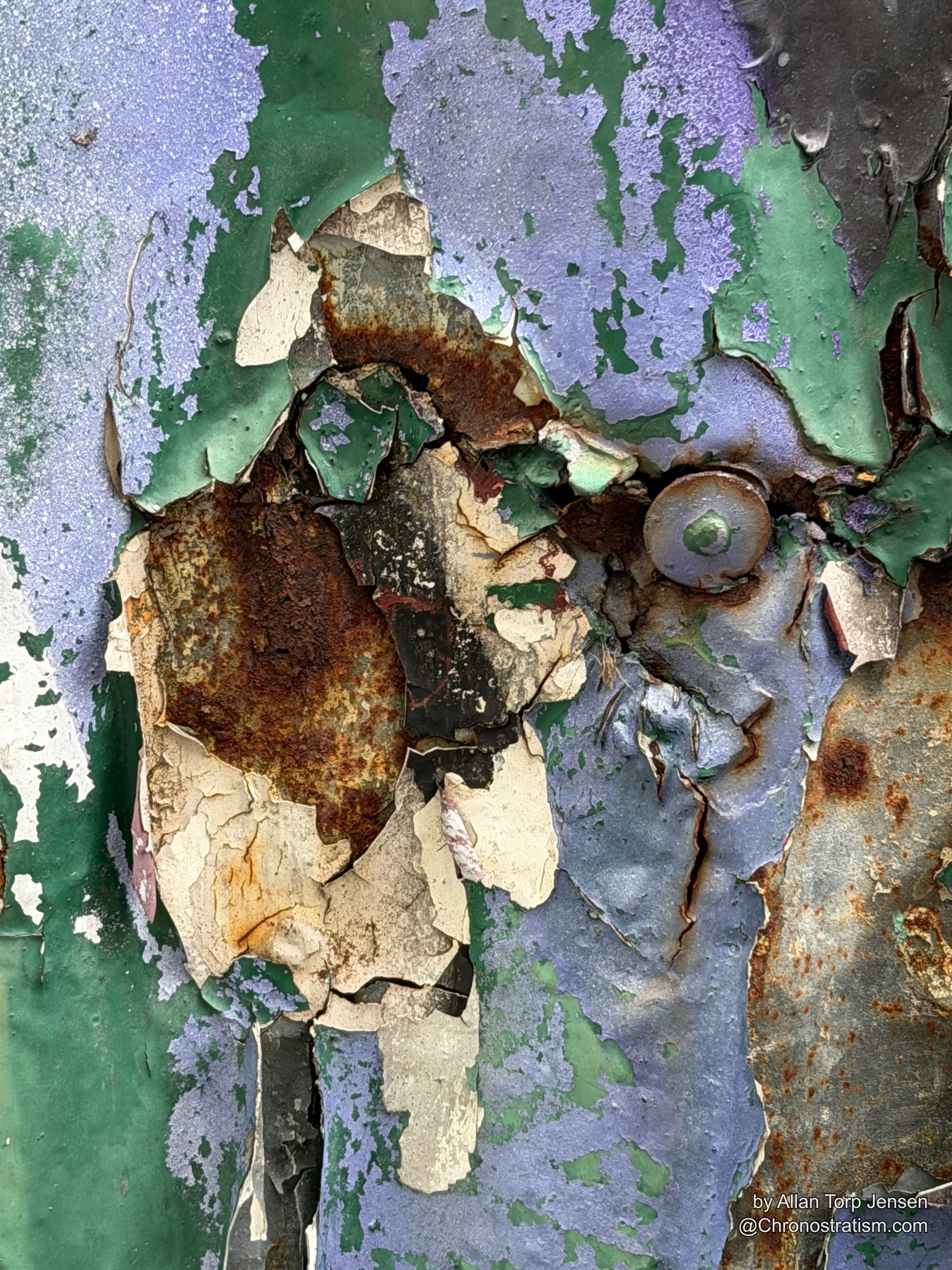 A red mesh fragment lies pinned beneath layered green, tan and purple paint eaten by rust.