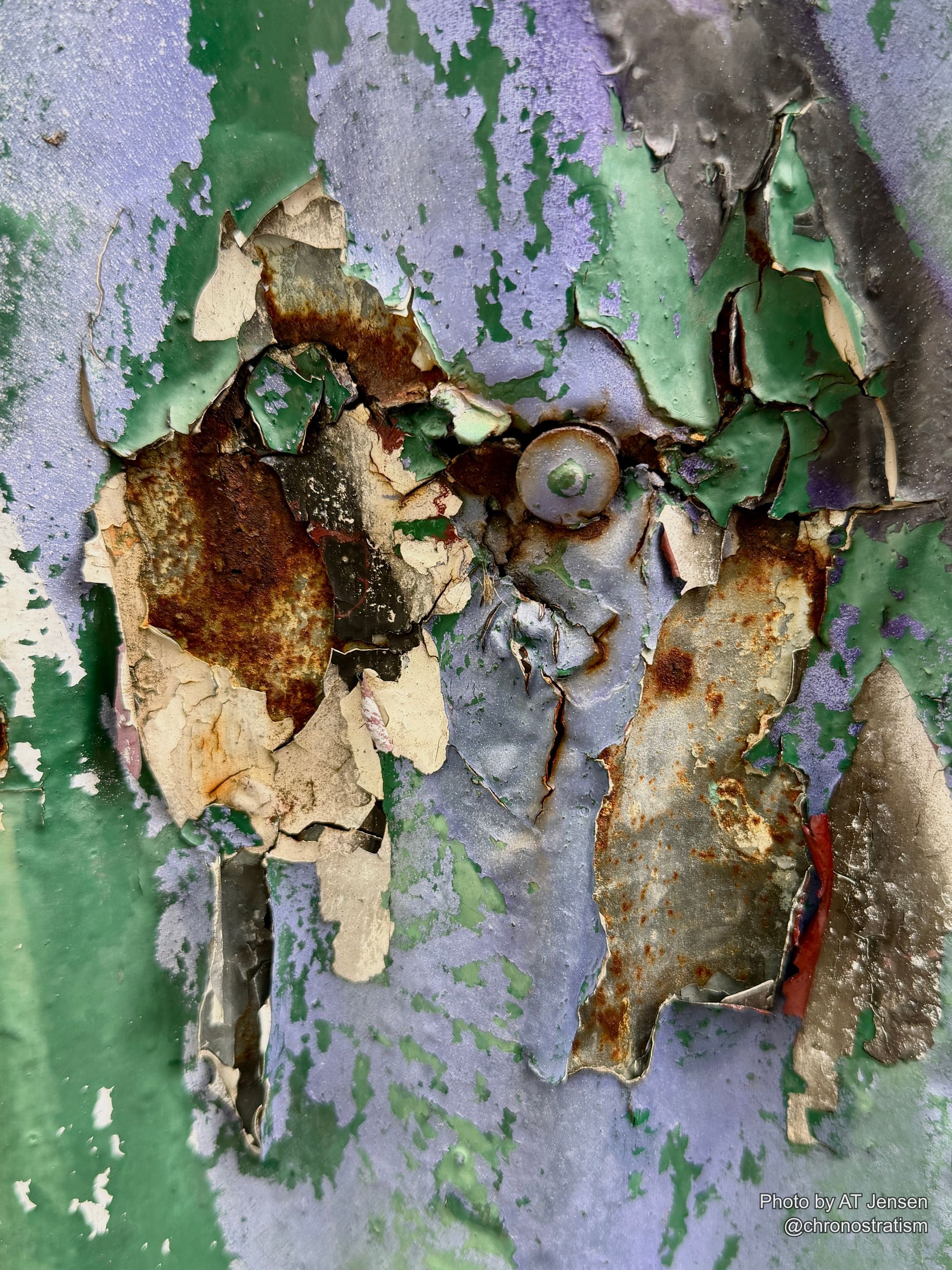 Rust bleeds through a wider stretch of peeling fence panel.